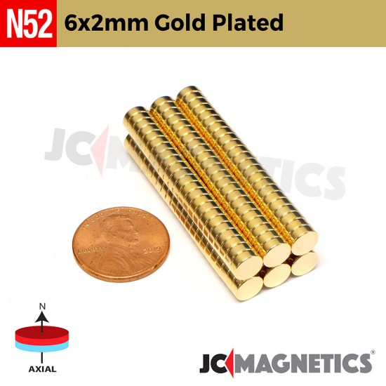6mm X 2mm N52 Gold Plated neodymium magnets round discs 1/4in x 5/64in